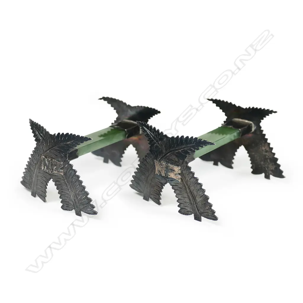 J. H. Redman (Masterton) pair silver and greenstone knife rests Image 1++